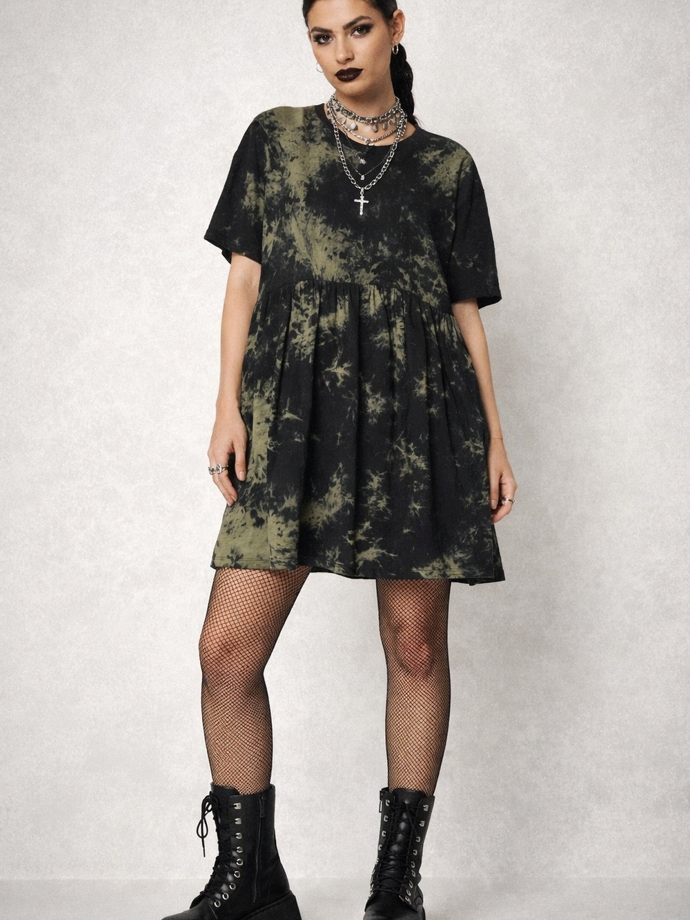 Disturbia Oversized Black Green Tie Dye Babydoll Dress Grunge Goth
